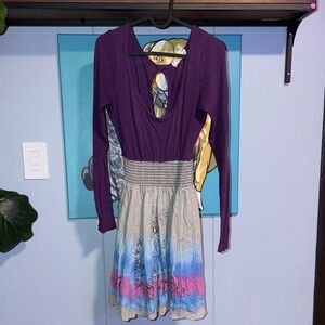 Purple Long Sleeve Dress with Multicolor Skirt
